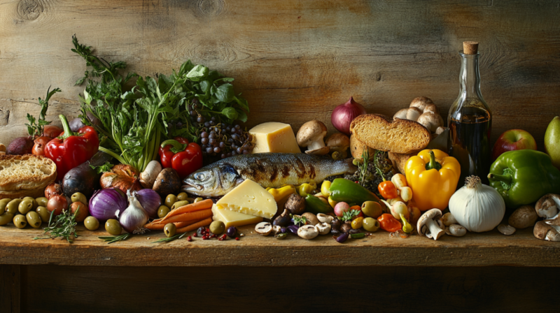A colorful Mediterranean spread with fresh vegetables, grilled fish, cheese, olives, bread, and olive oil on a rustic wooden table