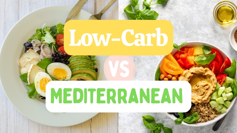 A side-by-side image comparing two healthy bowls for the Low-Carb vs. Mediterranean Diet debate