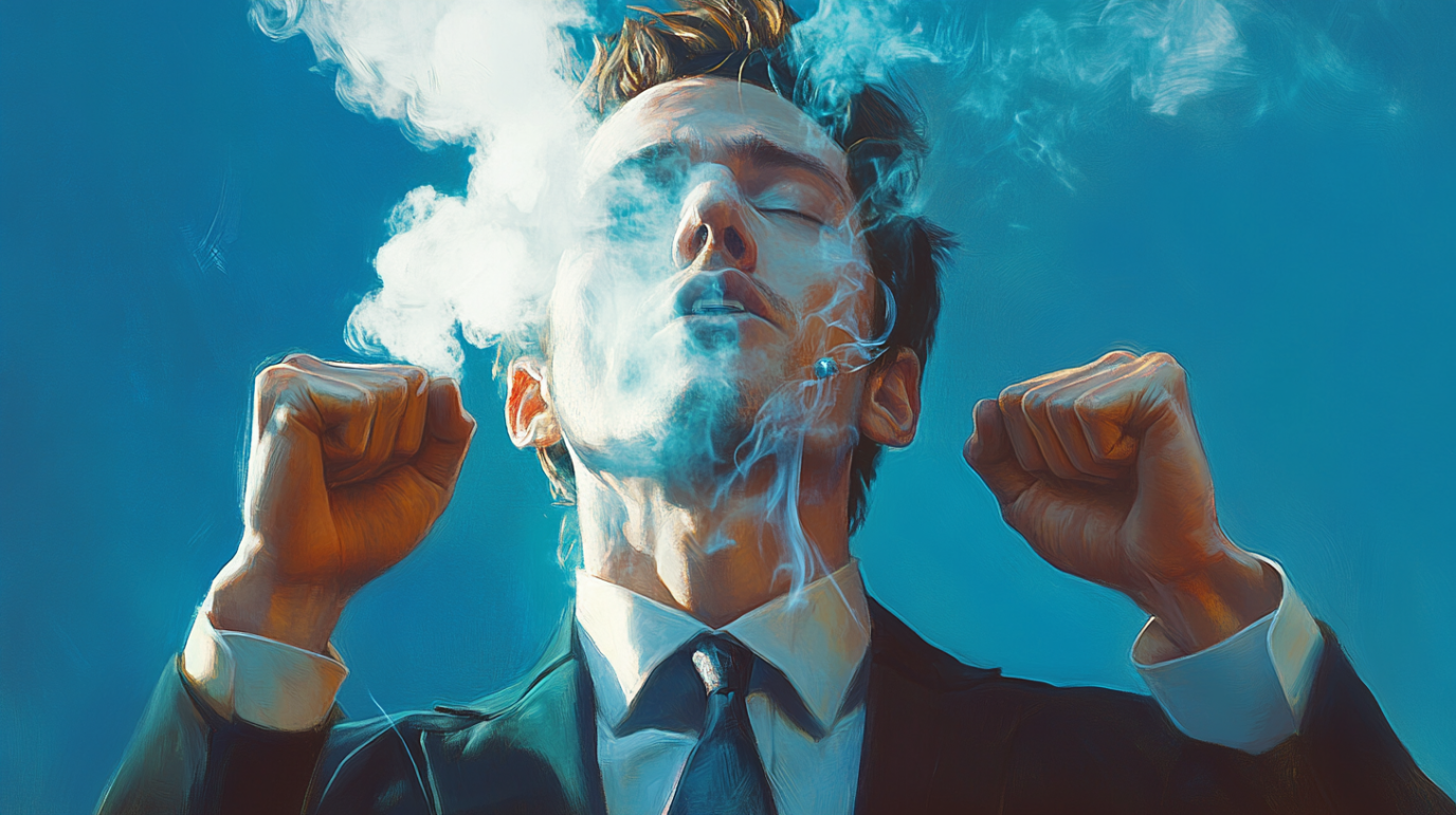 A man in a suit stands with clenched fists and eyes closed, surrounded by rising smoke, symbolizing the intense pressure tied to the psychology of burnout